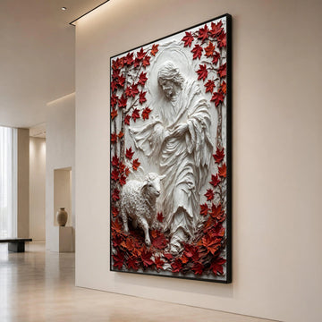 Jesus Shepherd Canvas Wall Art, Religious Lamb and Maple Leaves, Spiritual Home Decoration, Faith Canvas Print Canvas Print Art