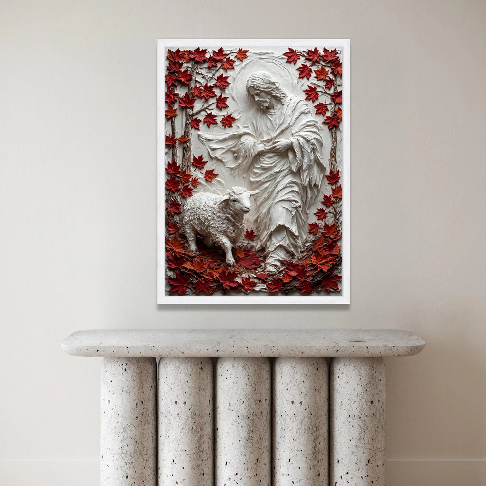 Jesus Shepherd Canvas Wall Art, Religious Lamb and Maple Leaves, Spiritual Home Decoration, Faith Canvas Print Canvas Print Art