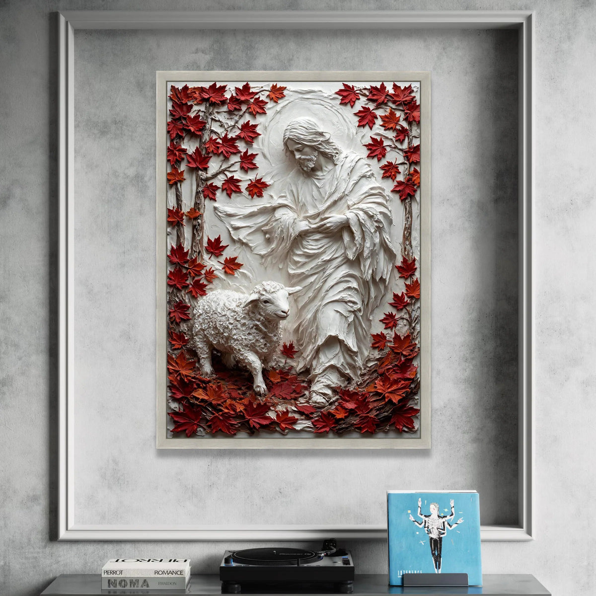 Jesus Shepherd Canvas Wall Art, Religious Lamb and Maple Leaves, Spiritual Home Decoration, Faith Canvas Print Canvas Print Art