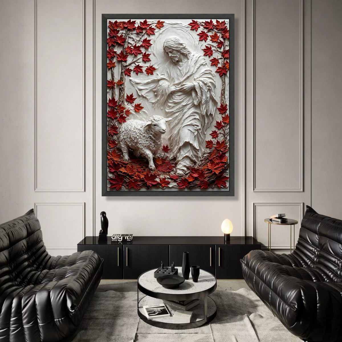 Jesus Shepherd Canvas Wall Art, Religious Lamb and Maple Leaves, Spiritual Home Decoration, Faith Canvas Print Canvas Print Art