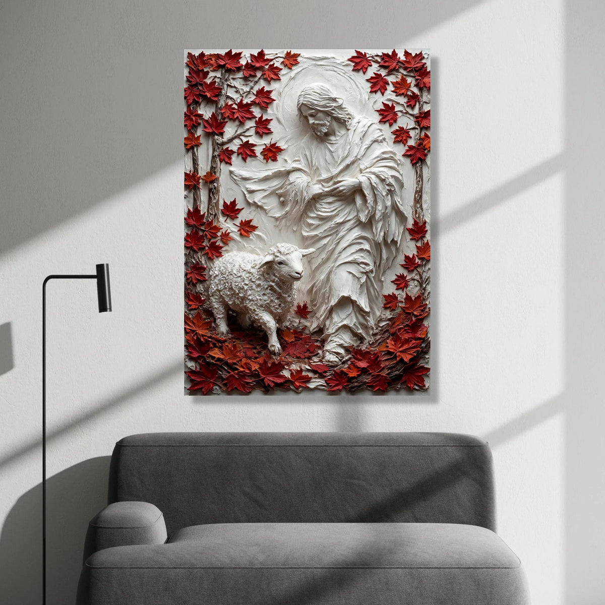 Jesus Shepherd Canvas Wall Art, Religious Lamb and Maple Leaves, Spiritual Home Decoration, Faith Canvas Print Canvas Print Art