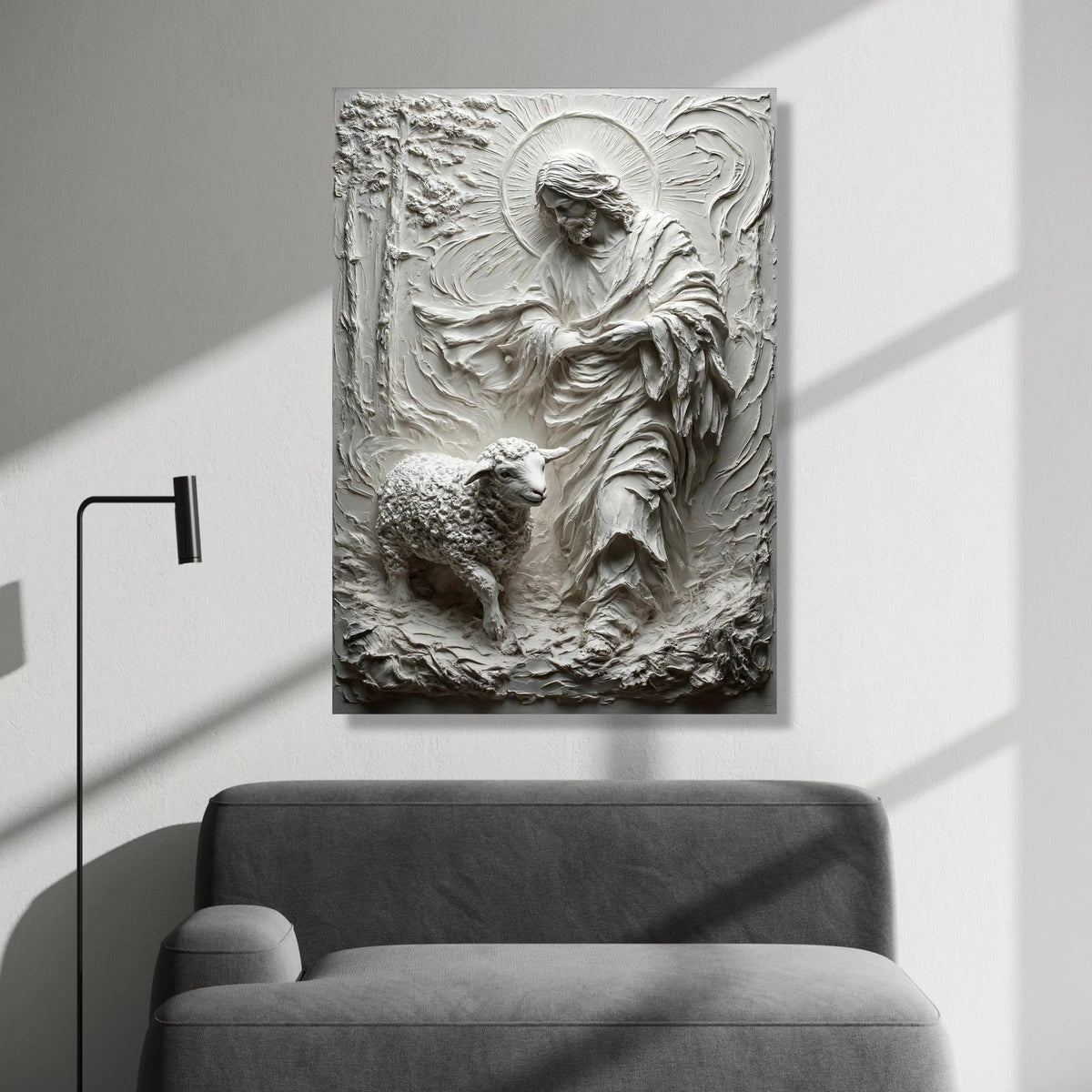 Jesus with Lamb Relief Sculpture Canvas, Christian Wall Art, Spiritual Canvas Art, Religious Home Decor, Faith Symbol Canvas Print Art