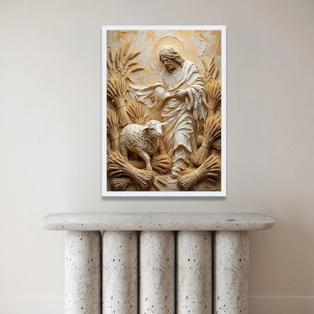 Jesus with Lamb and Wheat Canvas Wall Art, Religious Christian Canvas, Spiritual Wall Decoration, Sacred Symbol Canvas, Canvas Print Art