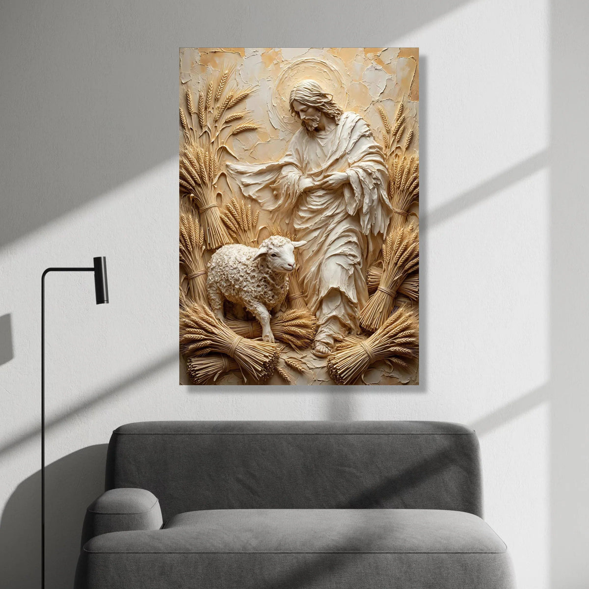 Jesus with Lamb and Wheat Canvas Wall Art, Religious Christian Canvas, Spiritual Wall Decoration, Sacred Symbol Canvas, Canvas Print Art