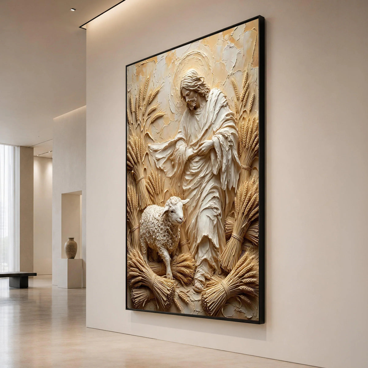 Jesus with Lamb and Wheat Canvas Wall Art, Religious Christian Canvas, Spiritual Wall Decoration, Sacred Symbol Canvas, Canvas Print Art