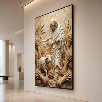 Jesus with Lamb and Wheat Canvas Wall Art, Religious Christian Canvas, Spiritual Wall Decoration, Sacred Symbol Canvas, Canvas Print Art