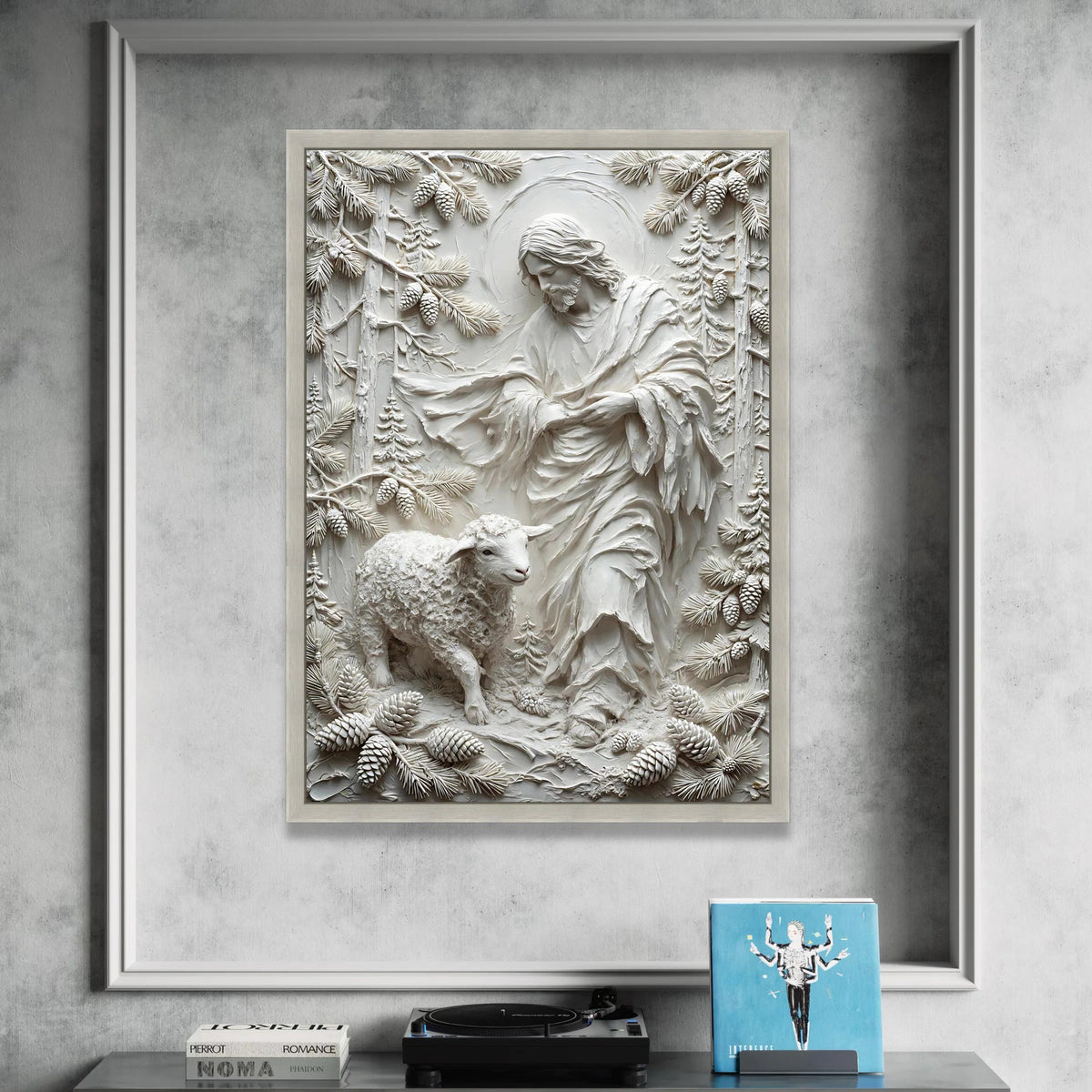 Shepherd with Lamb Canvas Wall Art, Religious Christian Decoration, Spiritual Nature Scene, Pine Tree Forest Artwork, Home Canvas Print Art