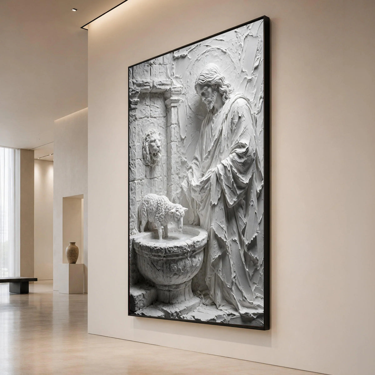 Religious Jesus Canvas Wall Art, Lamb Fountain Sculpture Canvas, Spiritual Faith Wall Decor, Christian Home Decoration, Canvas Print Art