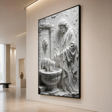 Religious Jesus Canvas Wall Art, Lamb Fountain Sculpture Canvas, Spiritual Faith Wall Decor, Christian Home Decoration, Canvas Print Art