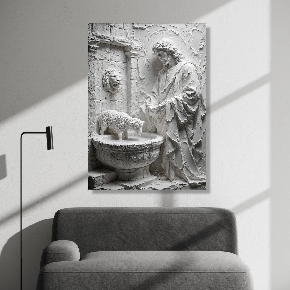 Religious Jesus Canvas Wall Art, Lamb Fountain Sculpture Canvas, Spiritual Faith Wall Decor, Christian Home Decoration, Canvas Print Art