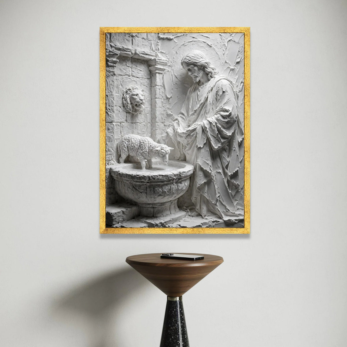 Religious Jesus Canvas Wall Art, Lamb Fountain Sculpture Canvas, Spiritual Faith Wall Decor, Christian Home Decoration, Canvas Print Art