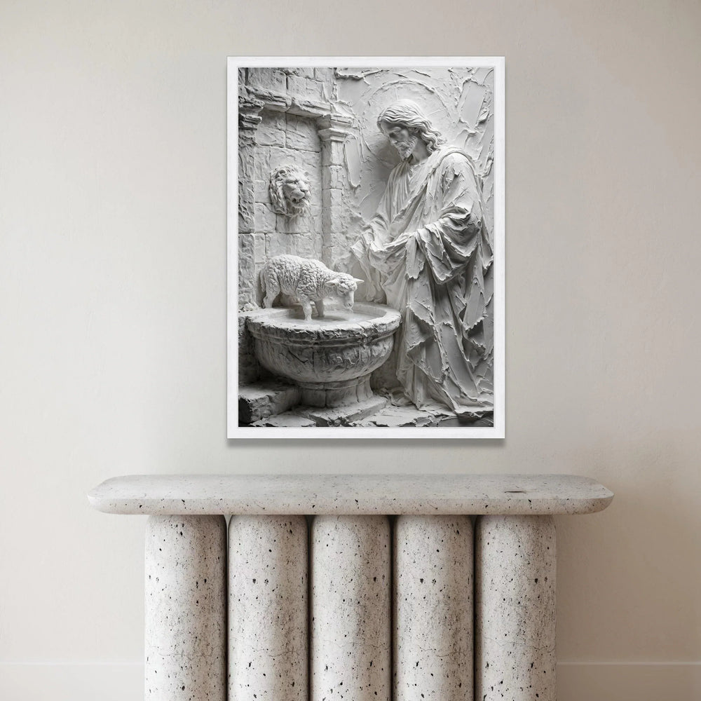 Religious Jesus Canvas Wall Art, Lamb Fountain Sculpture Canvas, Spiritual Faith Wall Decor, Christian Home Decoration, Canvas Print Art