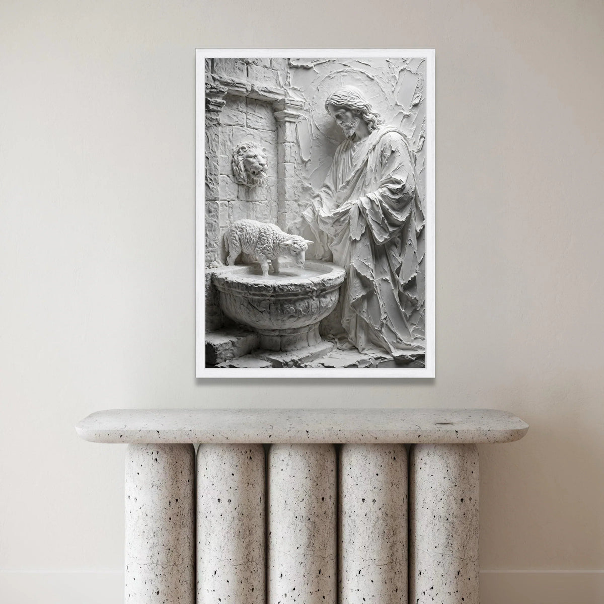 Religious Jesus Canvas Wall Art, Lamb Fountain Sculpture Canvas, Spiritual Faith Wall Decor, Christian Home Decoration, Canvas Print Art