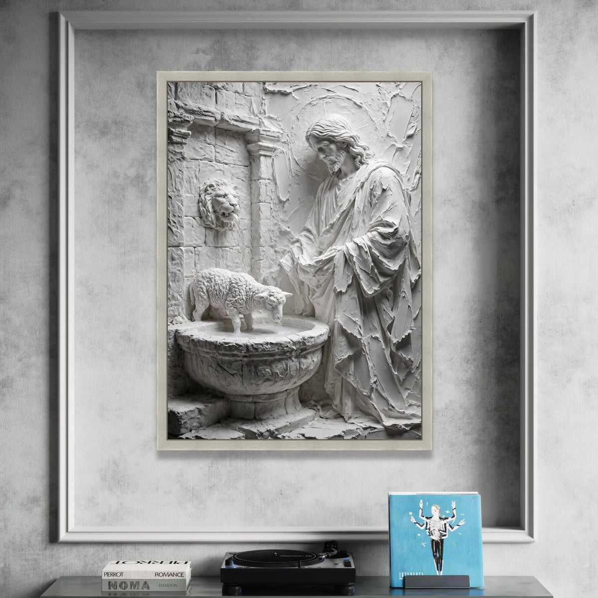 Religious Jesus Canvas Wall Art, Lamb Fountain Sculpture Canvas, Spiritual Faith Wall Decor, Christian Home Decoration, Canvas Print Art