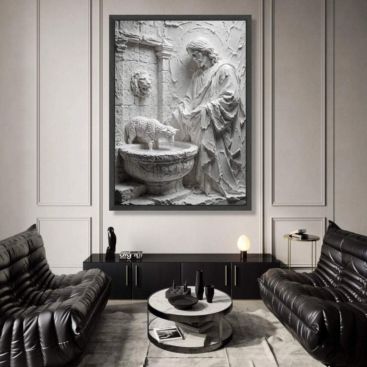 Religious Jesus Canvas Wall Art, Lamb Fountain Sculpture Canvas, Spiritual Faith Wall Decor, Christian Home Decoration, Canvas Print Art