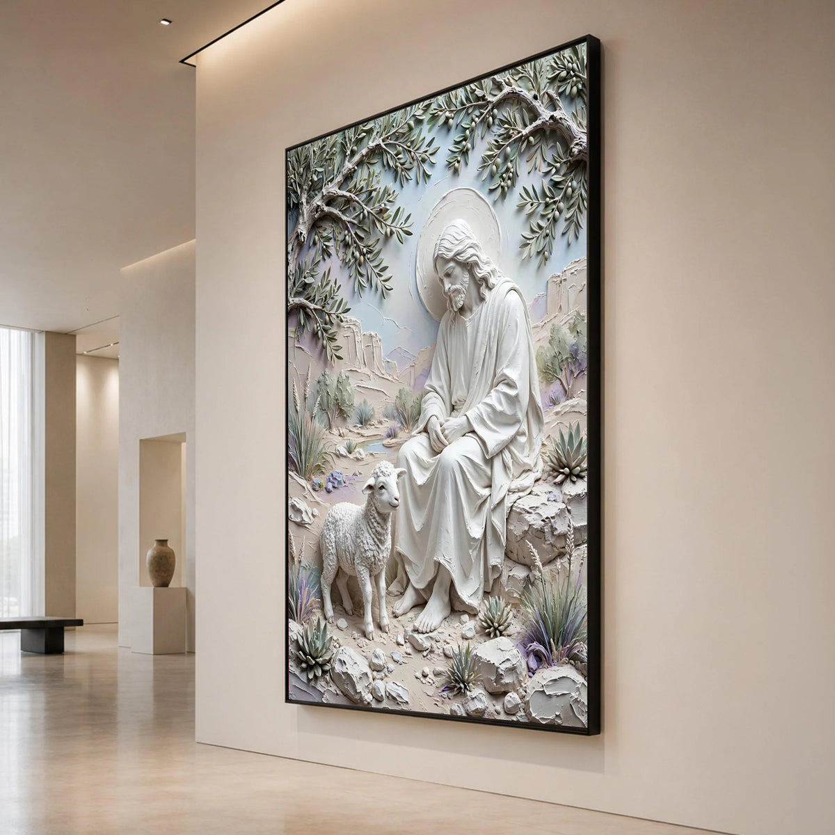 Serene Jesus and Lamb Canvas, Religious Spiritual Wall Art, Christian Home Decoration, Peaceful Landscape Canvas, Faith Canvas Print Art