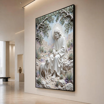 Serene Jesus and Lamb Canvas, Religious Spiritual Wall Art, Christian Home Decoration, Peaceful Landscape Canvas, Faith Canvas Print Art