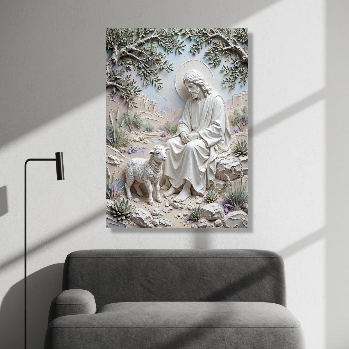 Serene Jesus and Lamb Canvas, Religious Spiritual Wall Art, Christian Home Decoration, Peaceful Landscape Canvas, Faith Canvas Print Art