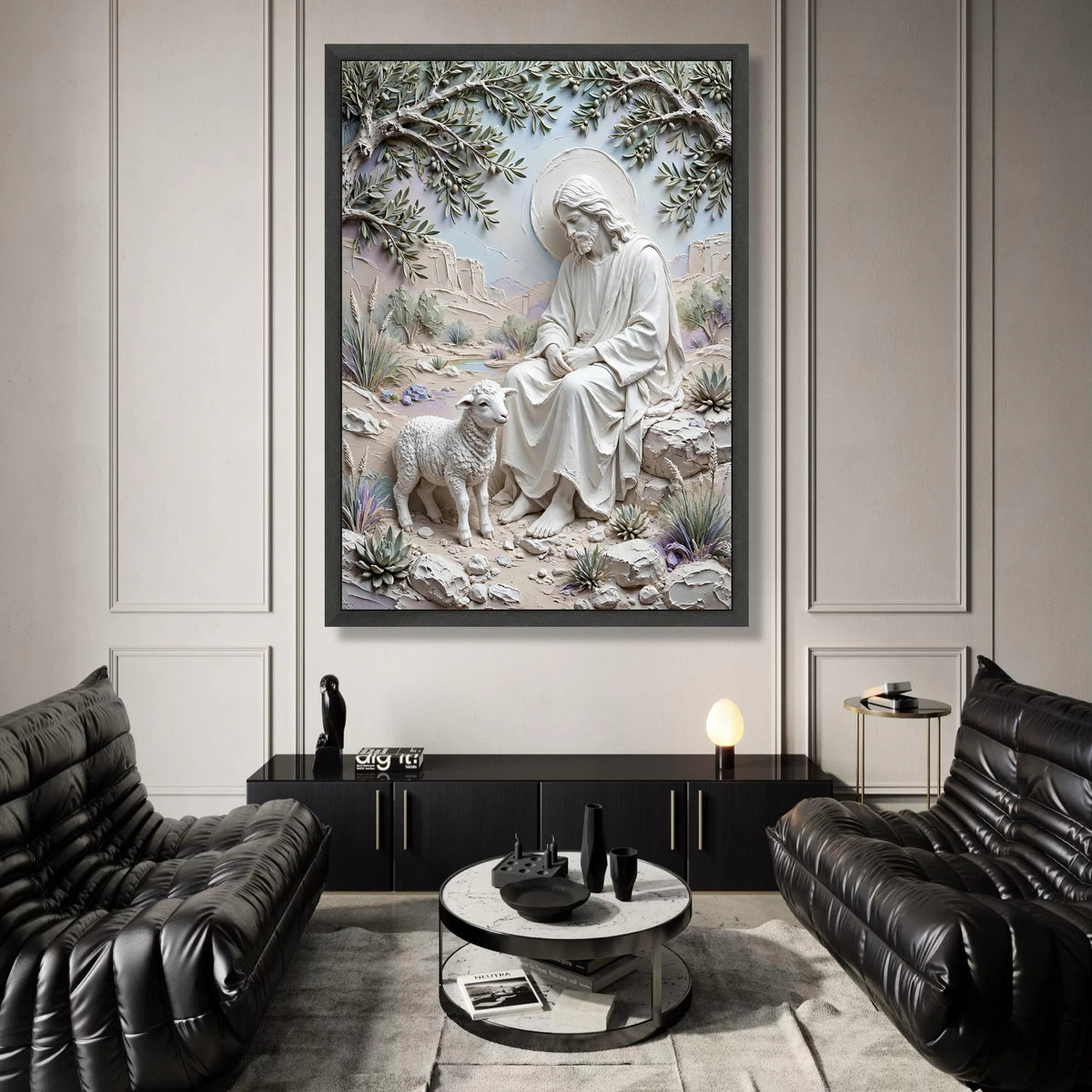 Serene Jesus and Lamb Canvas, Religious Spiritual Wall Art, Christian Home Decoration, Peaceful Landscape Canvas, Faith Canvas Print Art