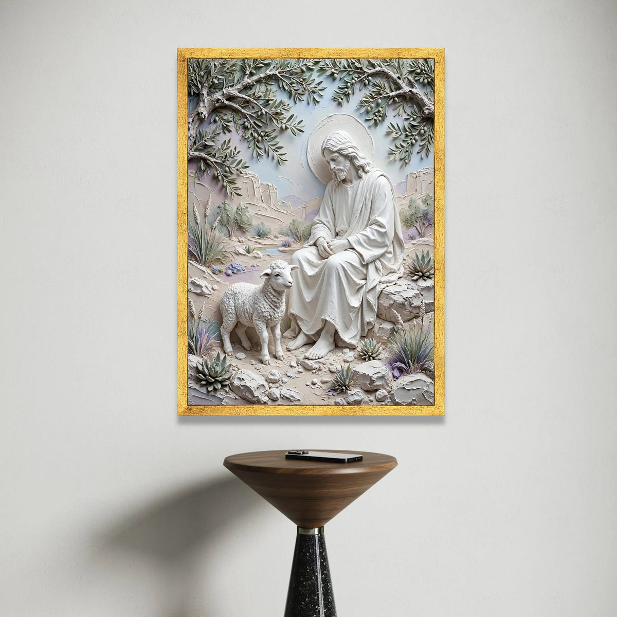 Serene Jesus and Lamb Canvas, Religious Spiritual Wall Art, Christian Home Decoration, Peaceful Landscape Canvas, Faith Canvas Print Art