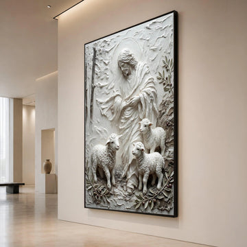 Jesus and Lambs Relief Canvas, Christian Wall Art Decoration, Shepherd with Sheep Canvas, Religious Home Decor, Spiritual Canvas Print Art
