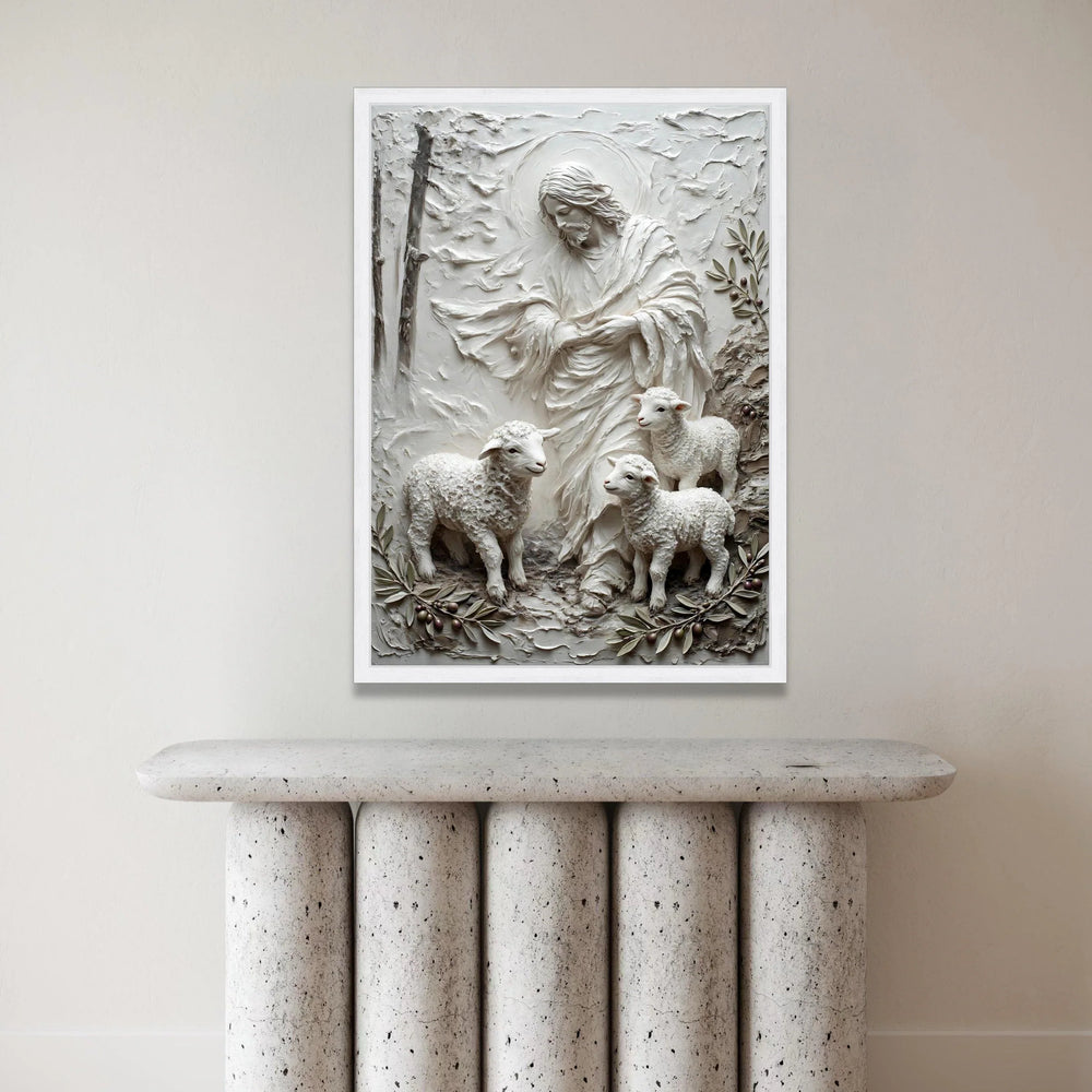 Jesus and Lambs Relief Canvas, Christian Wall Art Decoration, Shepherd with Sheep Canvas, Religious Home Decor, Spiritual Canvas Print Art