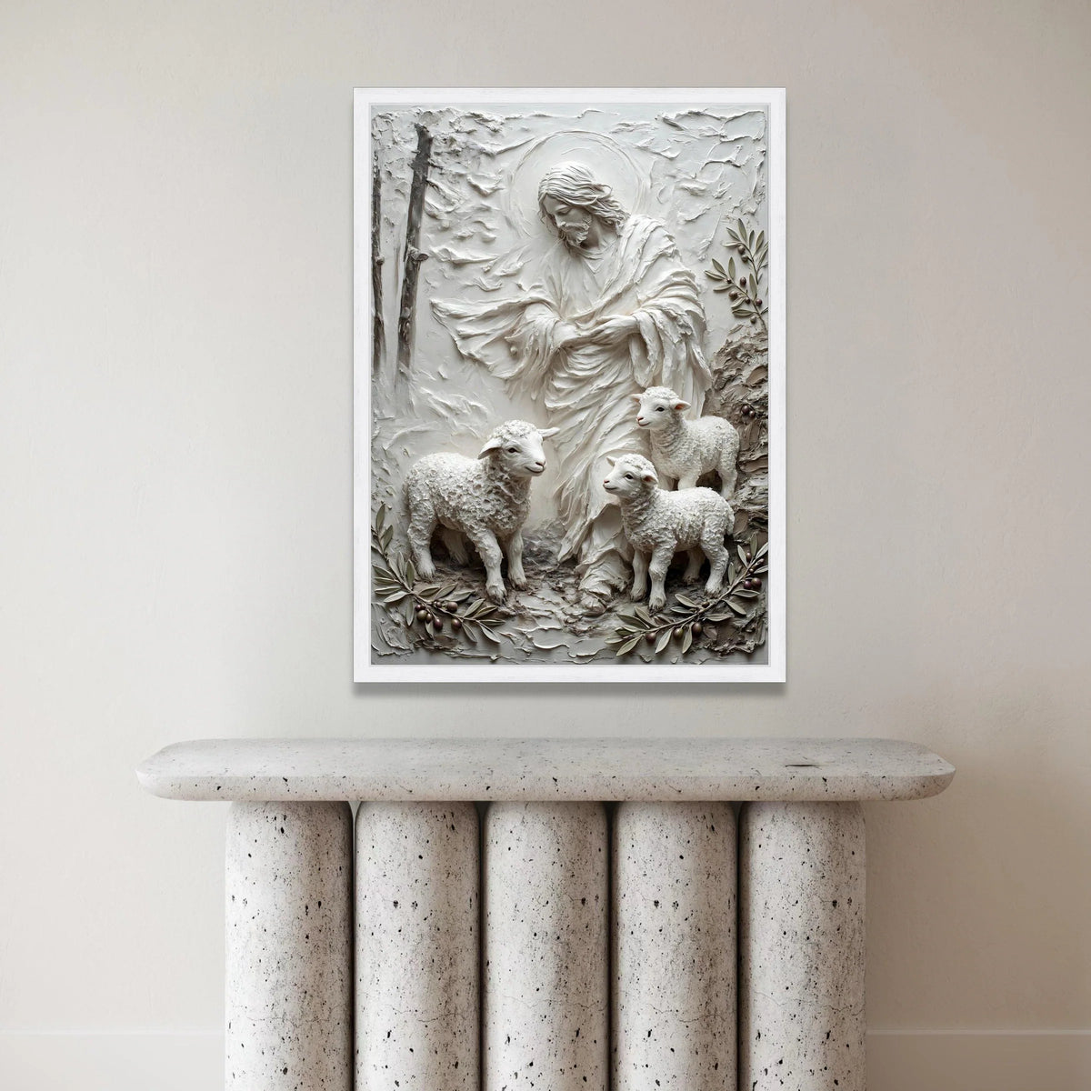 Jesus and Lambs Relief Canvas, Christian Wall Art Decoration, Shepherd with Sheep Canvas, Religious Home Decor, Spiritual Canvas Print Art