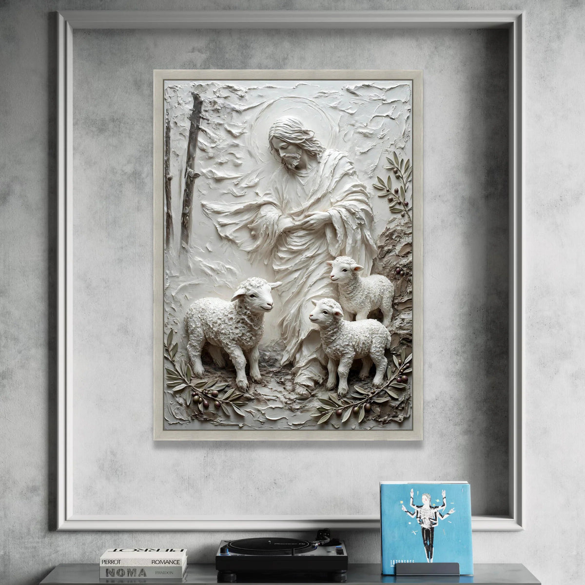 Jesus and Lambs Relief Canvas, Christian Wall Art Decoration, Shepherd with Sheep Canvas, Religious Home Decor, Spiritual Canvas Print Art