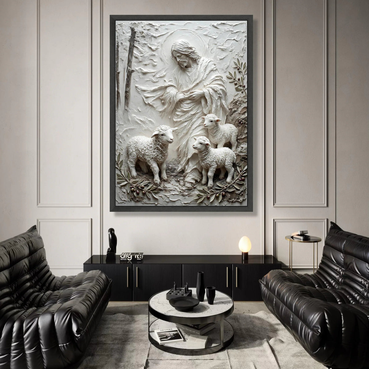 Jesus and Lambs Relief Canvas, Christian Wall Art Decoration, Shepherd with Sheep Canvas, Religious Home Decor, Spiritual Canvas Print Art