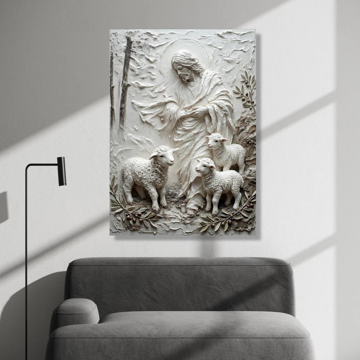 Jesus and Lambs Relief Canvas, Christian Wall Art Decoration, Shepherd with Sheep Canvas, Religious Home Decor, Spiritual Canvas Print Art