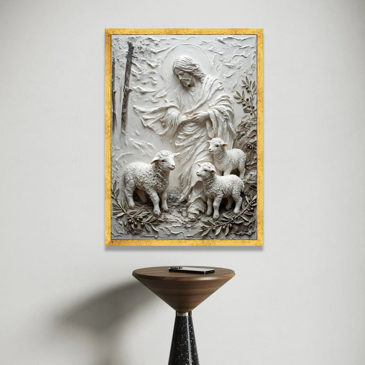 Jesus and Lambs Relief Canvas, Christian Wall Art Decoration, Shepherd with Sheep Canvas, Religious Home Decor, Spiritual Canvas Print Art