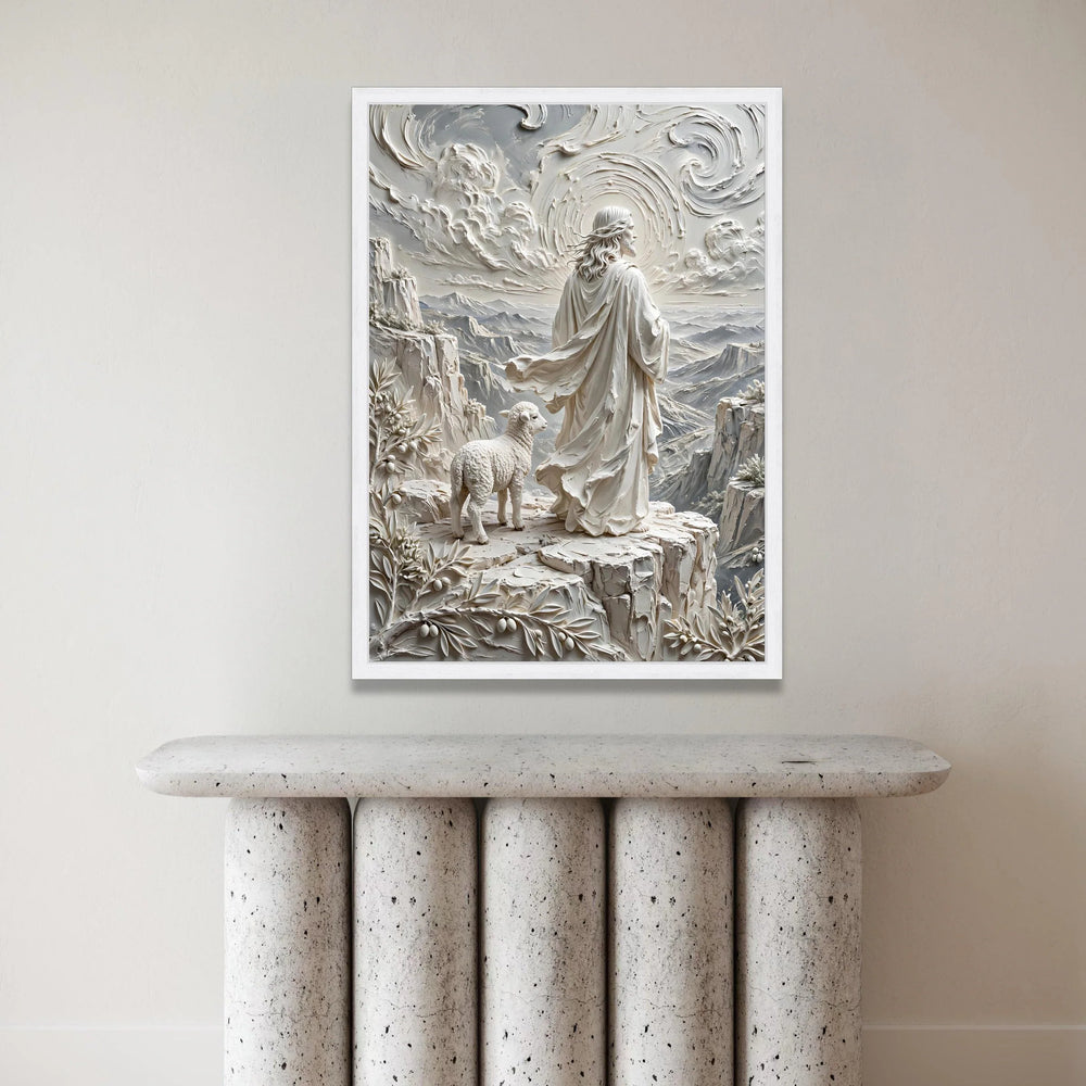 Spiritual Shepherd Scene, Peaceful Lamb Canvas, Mountain Landscape Wall Art, Religious Faith Decoration, Serene Nature Canvas Print Art