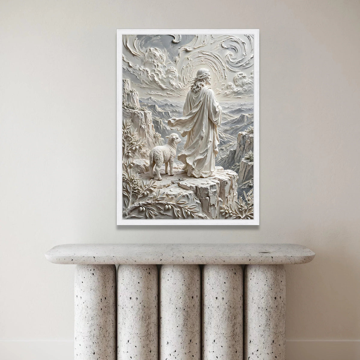 Spiritual Shepherd Scene, Peaceful Lamb Canvas, Mountain Landscape Wall Art, Religious Faith Decoration, Serene Nature Canvas Print Art