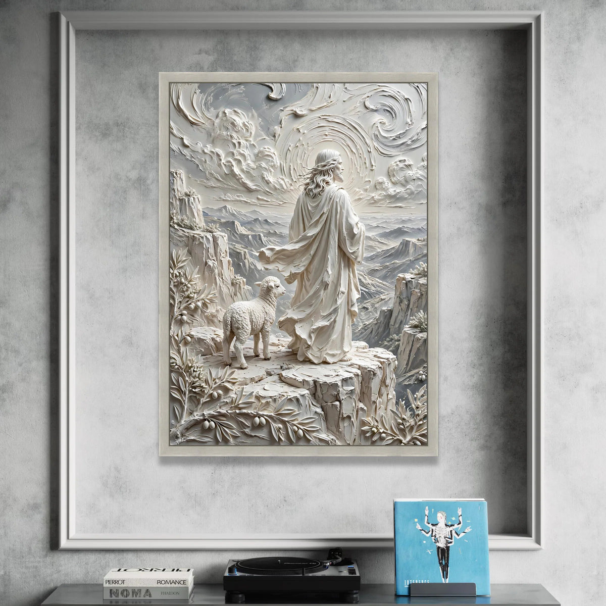 Spiritual Shepherd Scene, Peaceful Lamb Canvas, Mountain Landscape Wall Art, Religious Faith Decoration, Serene Nature Canvas Print Art