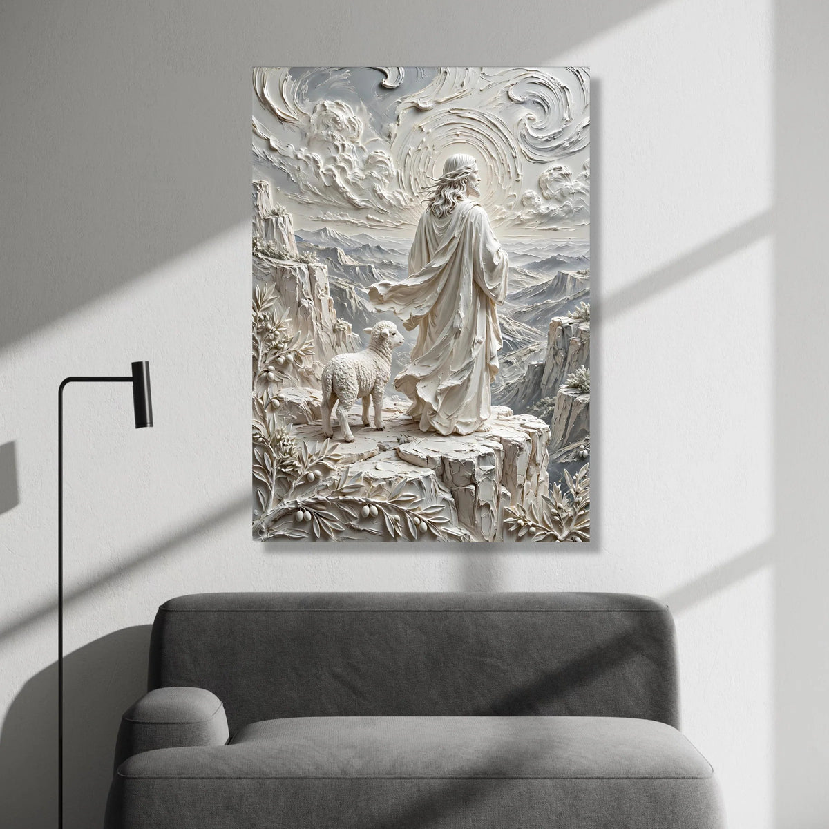 Spiritual Shepherd Scene, Peaceful Lamb Canvas, Mountain Landscape Wall Art, Religious Faith Decoration, Serene Nature Canvas Print Art