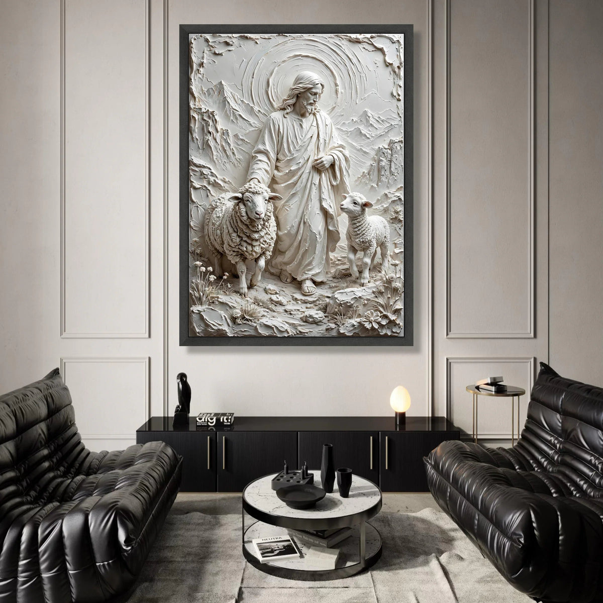 Jesus with Sheep Canvas Wall Art, Spiritual Religious Decor, Shepherd and Lamb Landscape, Christian Faith Canvas, Canvas Print Art