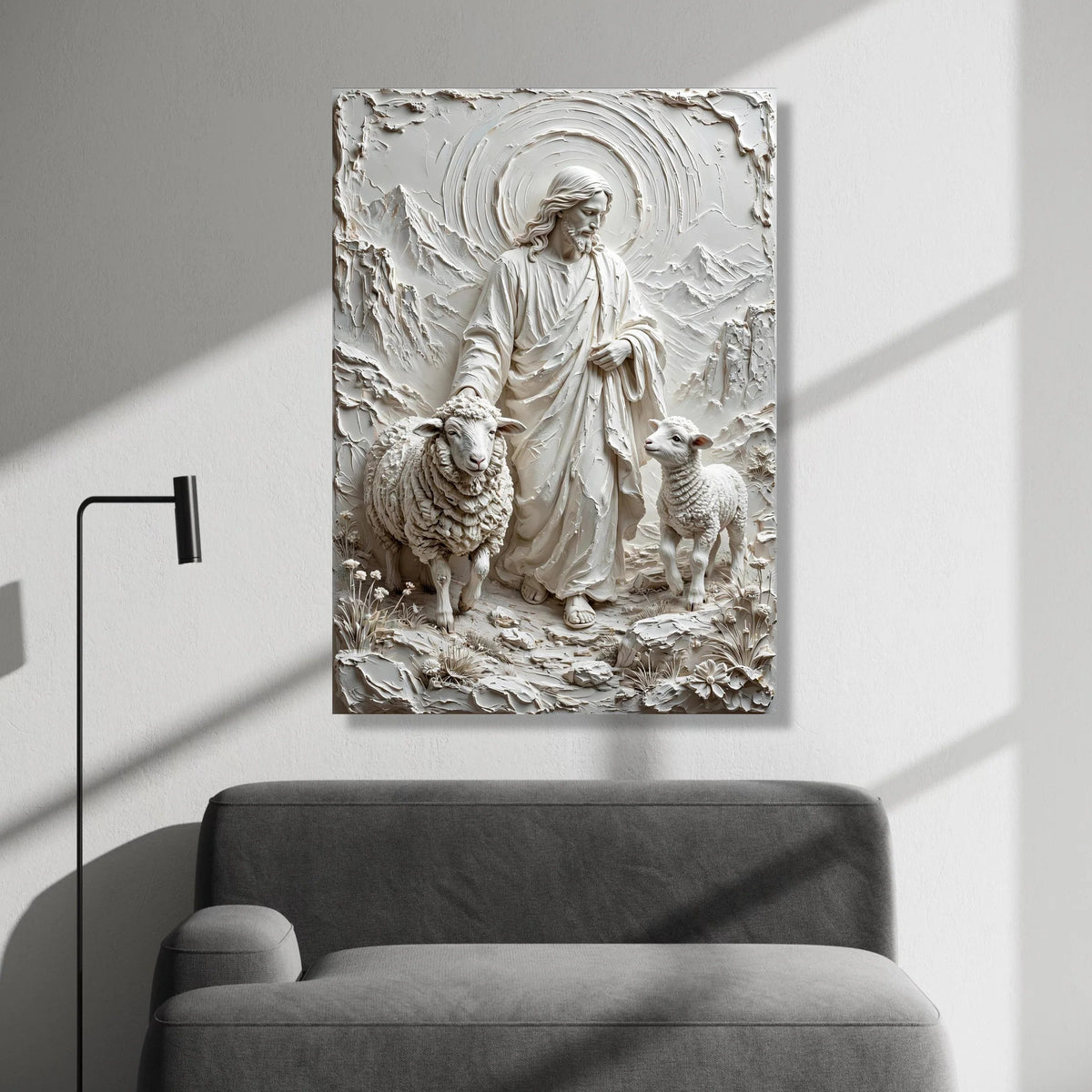 Jesus with Sheep Canvas Wall Art, Spiritual Religious Decor, Shepherd and Lamb Landscape, Christian Faith Canvas, Canvas Print Art