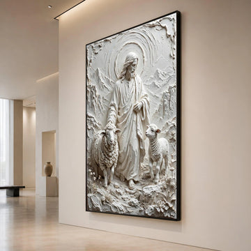Jesus with Sheep Canvas Wall Art, Spiritual Religious Decor, Shepherd and Lamb Landscape, Christian Faith Canvas, Canvas Print Art