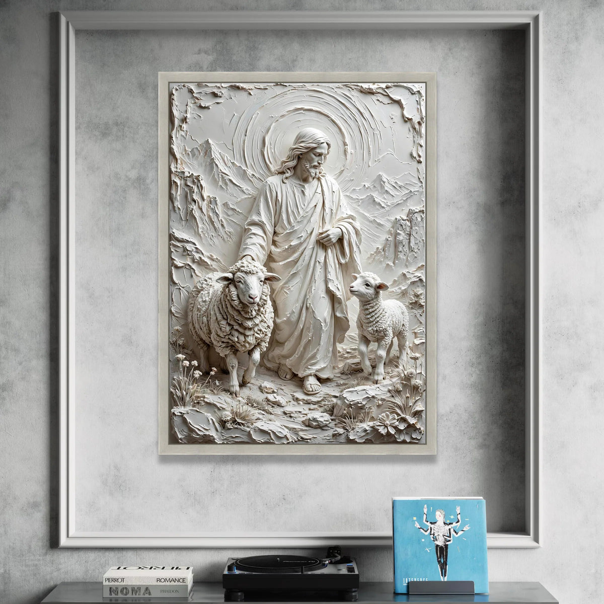Jesus with Sheep Canvas Wall Art, Spiritual Religious Decor, Shepherd and Lamb Landscape, Christian Faith Canvas, Canvas Print Art