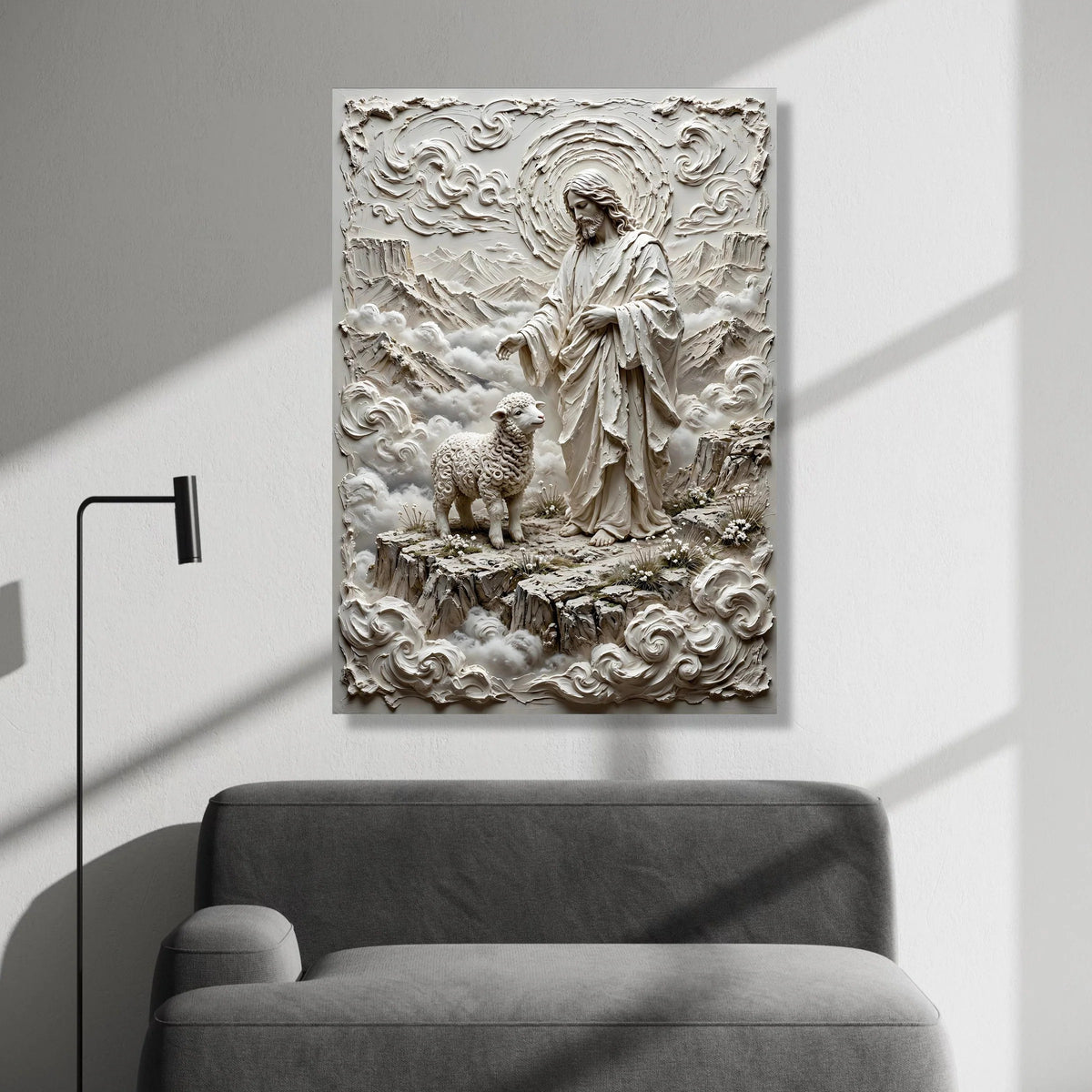 Jesus and Lamb Canvas Wall Art, Spiritual Religious Canvas, Christian Faith Decoration, Shepherd with Sheep Canvas, Canvas Print Art