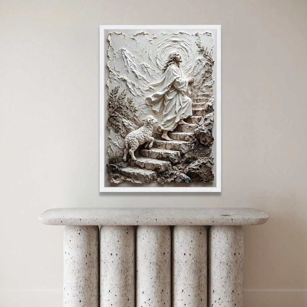 Spiritual Ascension Canvas Wall Art, Jesus Praying on Steps, Religious Christian Canvas, Sacred Journey Decoration, Faith Canvas Print Art