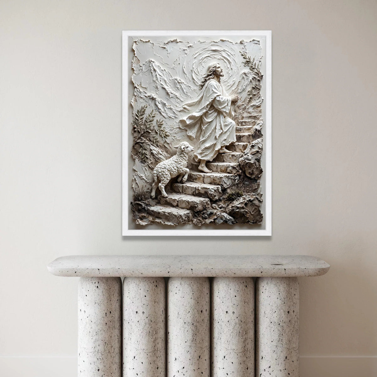 Spiritual Ascension Canvas Wall Art, Jesus Praying on Steps, Religious Christian Canvas, Sacred Journey Decoration, Faith Canvas Print Art
