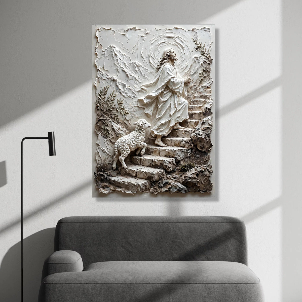 Spiritual Ascension Canvas Wall Art, Jesus Praying on Steps, Religious Christian Canvas, Sacred Journey Decoration, Faith Canvas Print Art