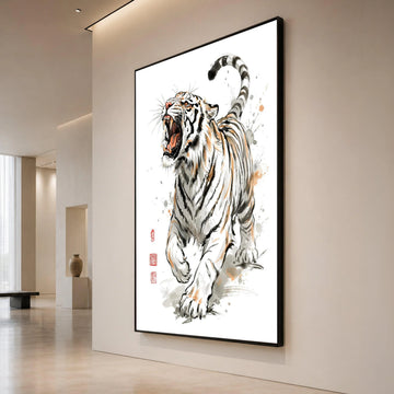 Roaring Tiger Canvas Wall Art, Bold Animal Illustration, Asian Style Wildlife Print, Dynamic Fierce Tiger Design, Home Canvas Print Art