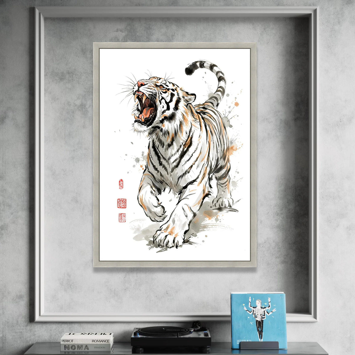 Roaring Tiger Canvas Wall Art, Bold Animal Illustration, Asian Style Wildlife Print, Dynamic Fierce Tiger Design, Home Canvas Print Art