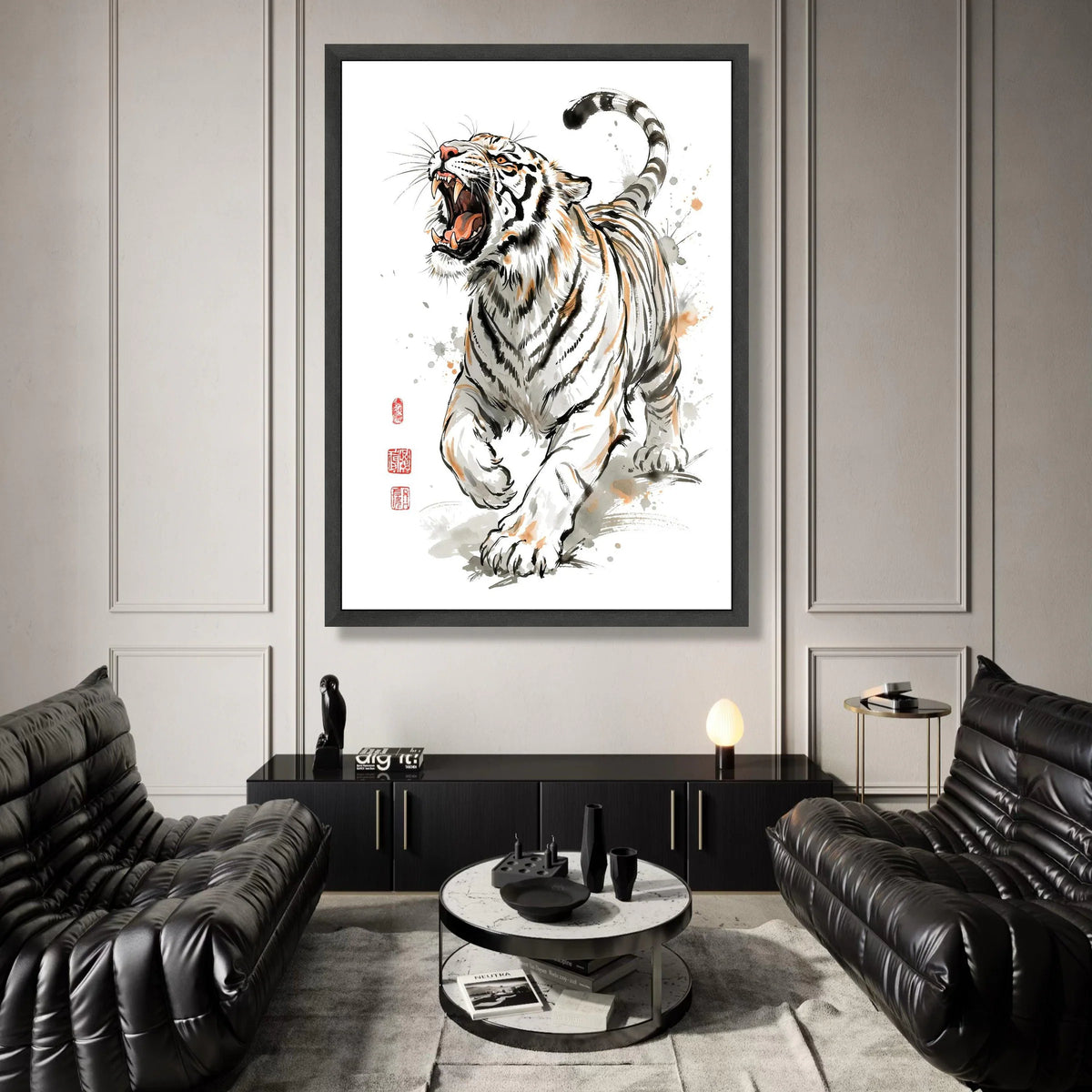 Roaring Tiger Canvas Wall Art, Bold Animal Illustration, Asian Style Wildlife Print, Dynamic Fierce Tiger Design, Home Canvas Print Art
