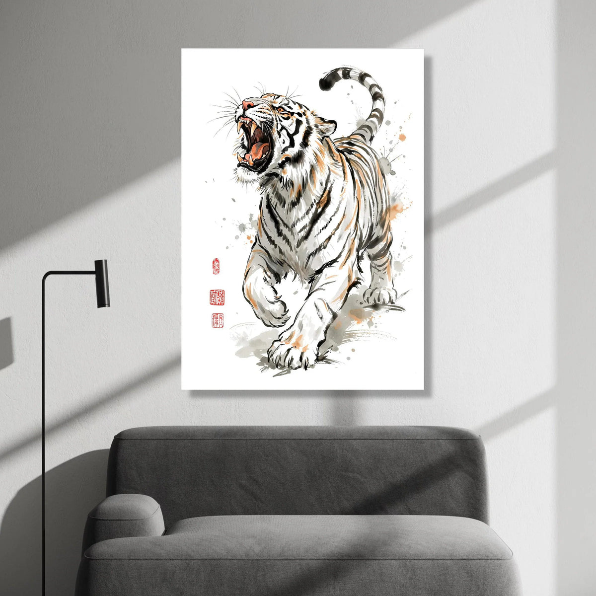 Roaring Tiger Canvas Wall Art, Bold Animal Illustration, Asian Style Wildlife Print, Dynamic Fierce Tiger Design, Home Canvas Print Art