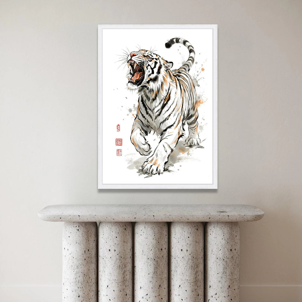 Roaring Tiger Canvas Wall Art, Bold Animal Illustration, Asian Style Wildlife Print, Dynamic Fierce Tiger Design, Home Canvas Print Art