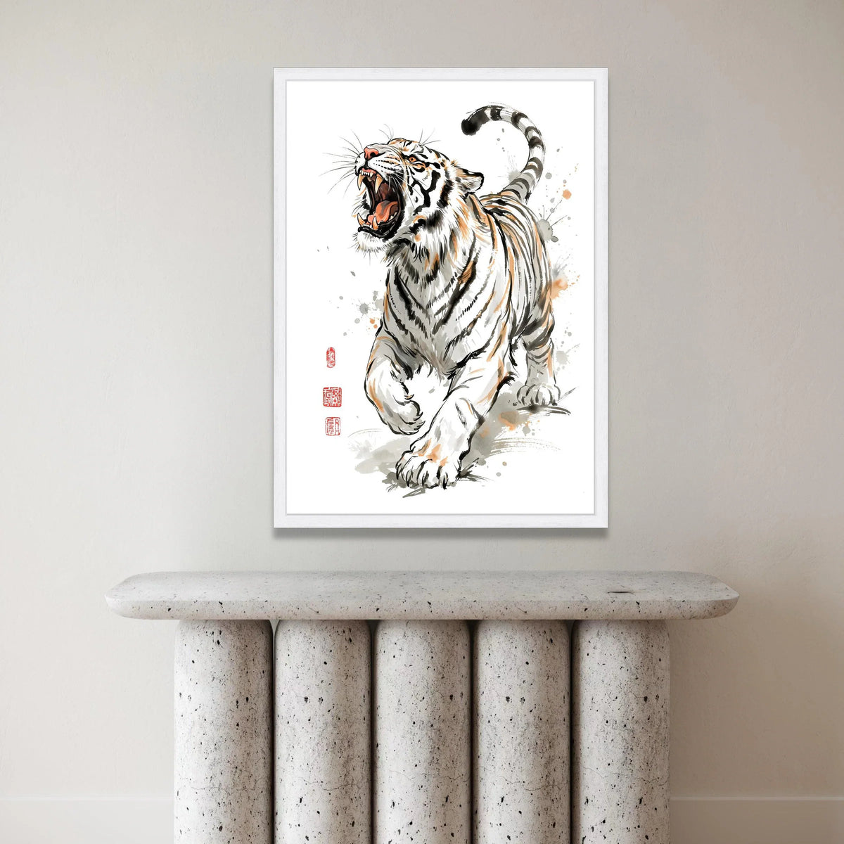 Roaring Tiger Canvas Wall Art, Bold Animal Illustration, Asian Style Wildlife Print, Dynamic Fierce Tiger Design, Home Canvas Print Art