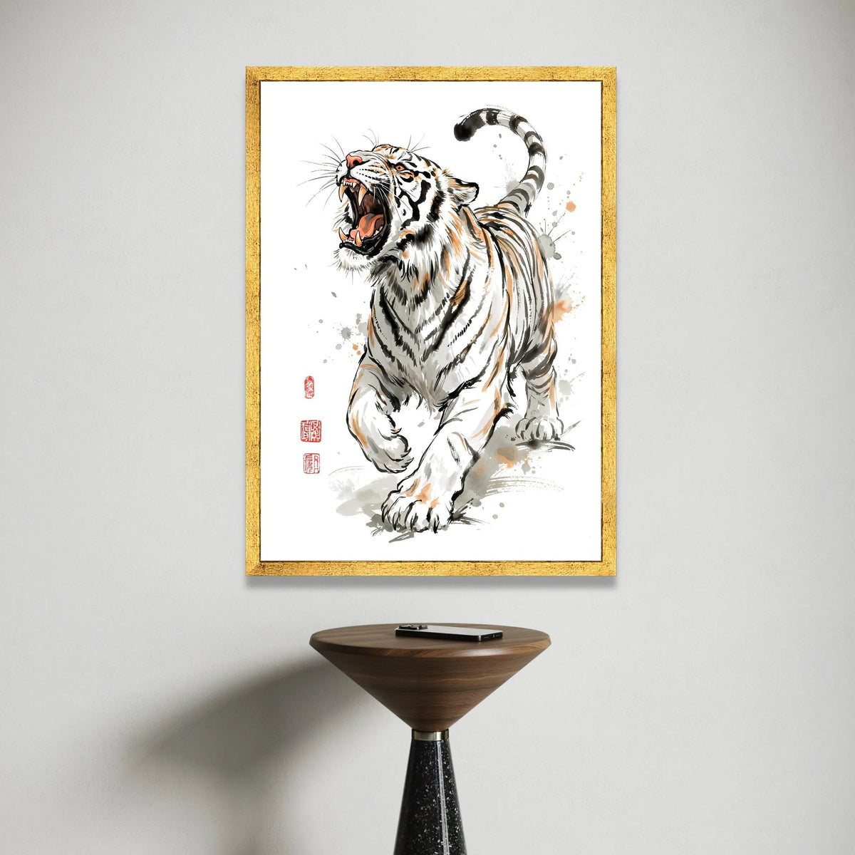 Roaring Tiger Canvas Wall Art, Bold Animal Illustration, Asian Style Wildlife Print, Dynamic Fierce Tiger Design, Home Canvas Print Art